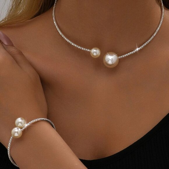 Elegant Faux Pearl Decor Necklace & Cuff Bangle - Picture 3 of 3